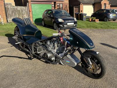 The Nitro Junkie Top Fuel Bike mid rebuild, now painted after the engine explosion